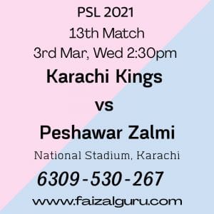 Karachi Kings vs Peshawar Zalmi Prediction 13th Match, Dream 11 Team Faizal Guru